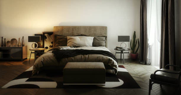 elegante dormitorio principal interior - double bed night table headboard bed fotografías e imágenes de stock
