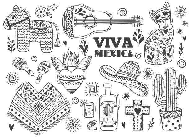 ilustrações de stock, clip art, desenhos animados e ícones de hand drawn doodles set for mexican party, independence day, cinco de mayo celebration - mexican culture cinco de mayo backgrounds sombrero
