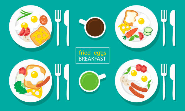 завтрак с жареными яйцами. колбасы, тосты, сыры, овощи. кофе и чай. вектор - coffee fried egg breakfast toast stock illustrations