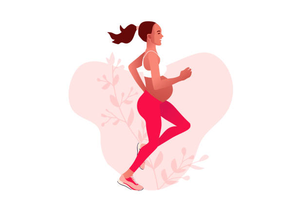 ilustrações de stock, clip art, desenhos animados e ícones de pregnant woman jogging. active well fitted pregnant female character. - relaxation exercise child mother human pregnancy