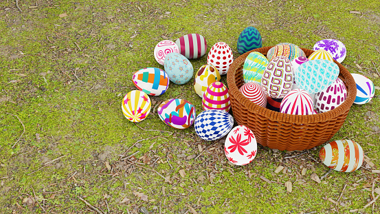 Top view of set of colorful easter eggs place in brown wicker basket on ground with green grass. 3D illustration.