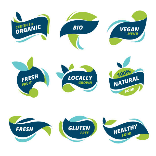 ilustrações de stock, clip art, desenhos animados e ícones de healthy food labels - organic vegetable farm freshness