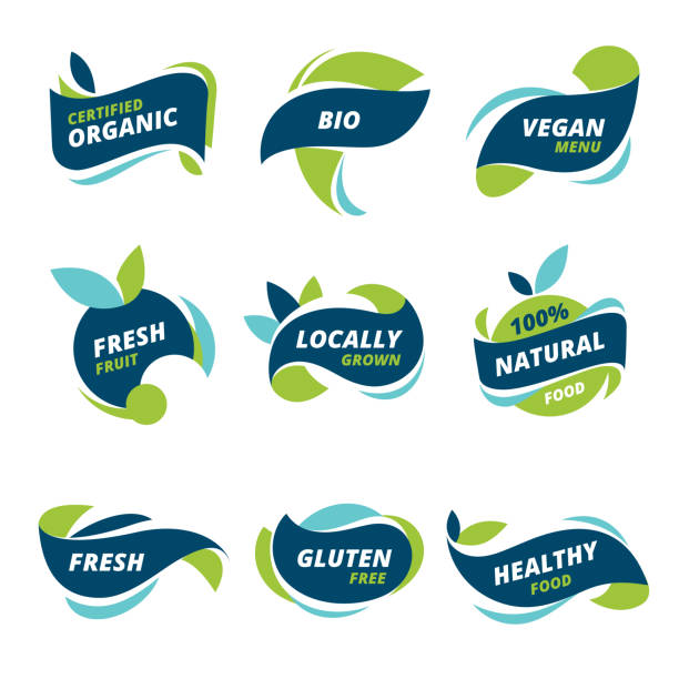 Healthy Food Labels Set of healthy, natural, organic food labels.  Natural product tags for vegan cafe, restaurant menu, products packaging.  This file is layered, all colours easy to edit. label designs stock illustrations