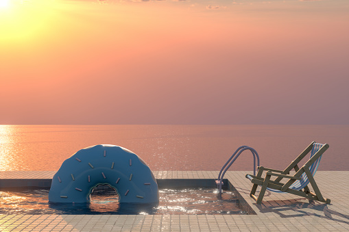 3d rendering of swimming pool, sea and donut. Summer Concept. Travel destinations. Surreal.