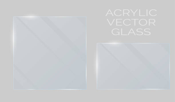 프레임 가장자리에 빛 빛 반사 벡터 플라스틱 및 아크릴 유리 모형. 투명 한 흰색 회색 배경에 빛나는 눈부심 효과 창, 화면 또는 접시. - acrylic stock illustrations