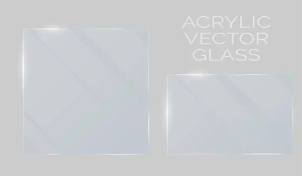 Vector illustration of Vector plastic and acrylic glass mockup with glow light reflection on the edge of frame. Window, screen or plate  with shiny glare effect on a transparent white gray background.