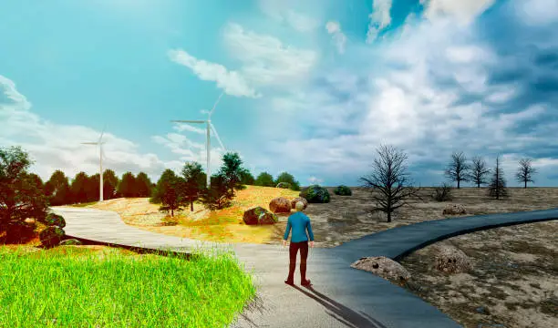 Digitally generated image of a forked road. It leads in two directions. One towards a bleak future where climate change has destroyed the enviroment. The other way shows a way towards prosperity with renewable energy and a sustainable climate.
Note: The man is a 3D-model