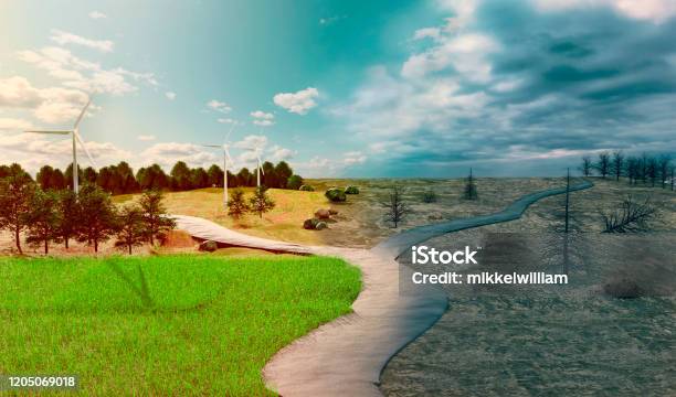 Forked Road Shows Two Ways To Climate Change Or Environmental Failure Stock Photo - Download Image Now