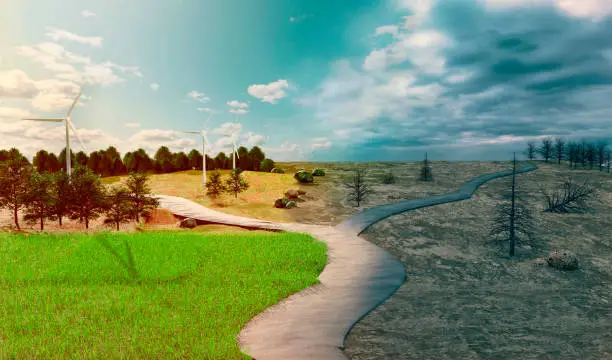 Digitally generated image of a forked road. It leads in two directions. One towards a bleak future where climate change has destroyed the enviroment. The other way shows a way towards prosperity with renewable energy and a sustainable climate.