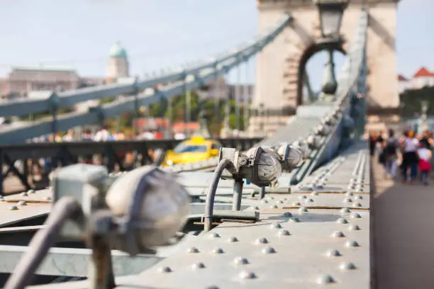 Photo of lights of the chain bridge in Budapest close-up. Bridge details by day