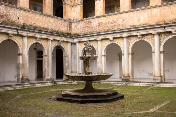 Padula, Salerno, Campania, Italy - May 21, 2017: Cloister of the guesthouse in the Certosa di San Lorenzo