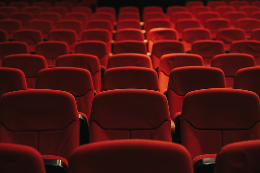 Cinema Hall with Auditorium Watching Movie on Blank Screen Mockup . 3D Render