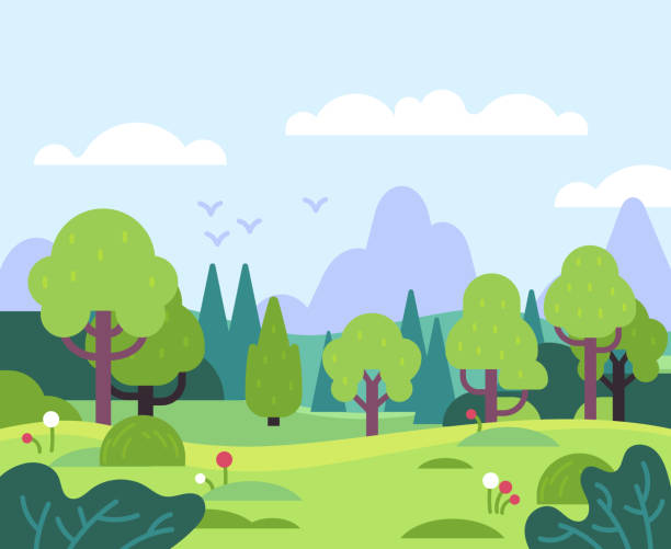 ilustrações de stock, clip art, desenhos animados e ícones de minimal summer landscape. nature park and forest plants, leaves and flowers. mountain scenery for banner, greeting card flat vector background - casa de jardim ou parque