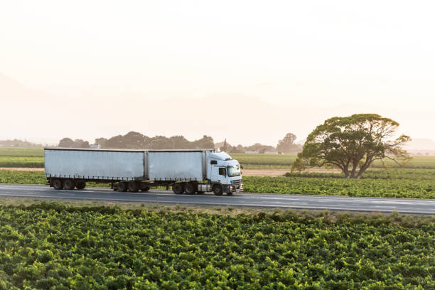 istock White truck on highway transporting goods 1205077132