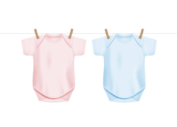 Newborn baby onesie shirts hanging on drying rope with wooden clothes pegs Newborn baby onesie shirts hanging on drying rope with wooden clothes pegs - realistic mockups isolated on white background. Infant clothing template - vector illustration pink onesie stock illustrations