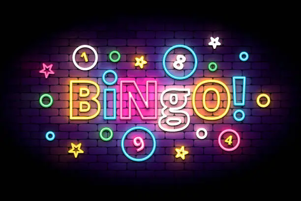 Vector illustration of Bingo neon sign with lottery balls and stars.