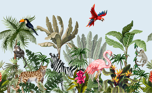 Seamless border with jungle animals, flowers and trees.