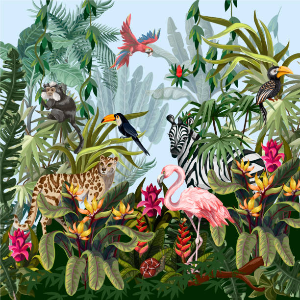 granica ze zwierzętami dżungli, kwiatami i drzewami. wektor - dzikie zwierzęta obrazy stock illustrations