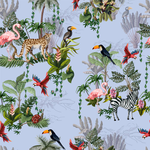 illustrazioni stock, clip art, cartoni animati e icone di tendenza di motivo senza cuciture con animali della giungla, fiori e alberi. vettore. - safari animals asia palm tree animals in the wild