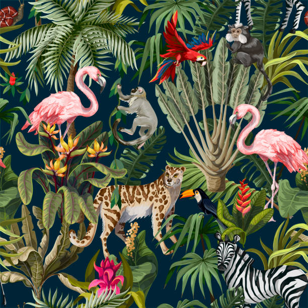 illustrazioni stock, clip art, cartoni animati e icone di tendenza di motivo senza cuciture con animali della giungla, fiori e alberi. vettore. - safari animals asia palm tree animals in the wild