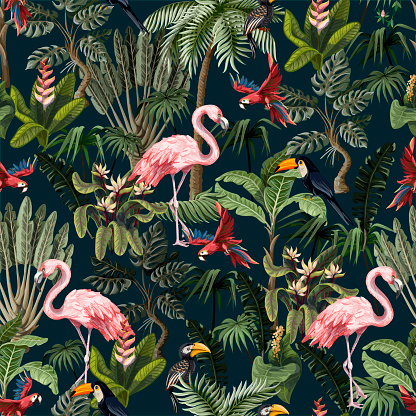 Seamless pattern with jungle animals, flowers and trees. Vector.