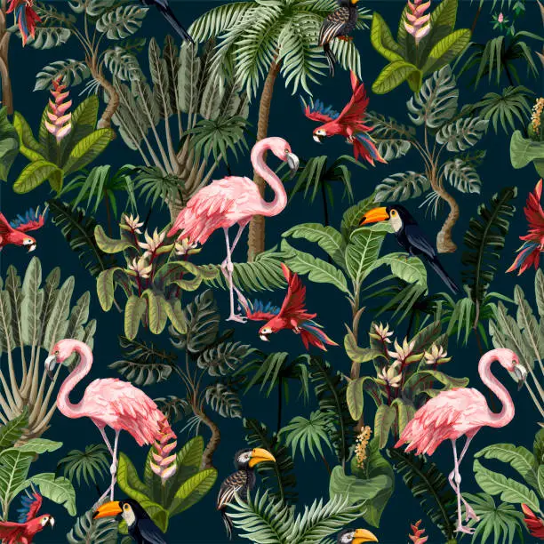 Vector illustration of Seamless pattern with jungle animals, flowers and trees. Vector.