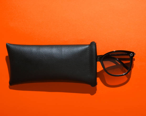 istock Fashionable sunglasses in protective case on orange background. Top view 1205080779