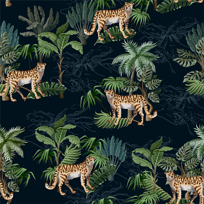Seamless pattern with leopard and tropical landscape.