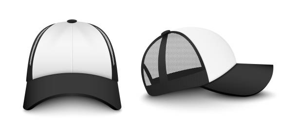 Trucker white cap realistic mockup front and side vector illustration isolated. Trucker white cap with black visor realistic mockup front and side view, 3d vector illustration isolated on white background. Fashion hat template or layout. sideways baseball hat stock illustrations