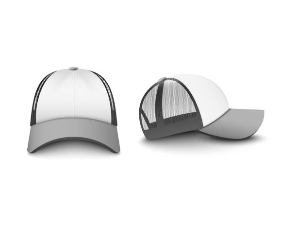 istock Gray and white trucker cap set of realistic vector illustrations mockup isolated. 1205081491