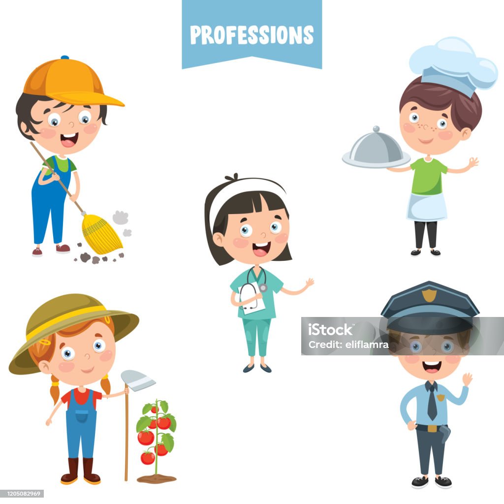 Cartoon Characters Of Different Professions Stock Illustration - Download  Image Now - Child, Occupation, Waiter - iStock