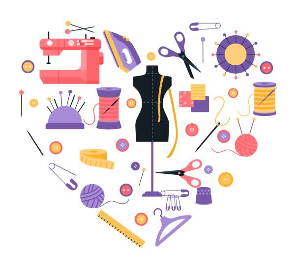 ilustrações de stock, clip art, desenhos animados e ícones de vector tailor icons set  with sewing and knitting tools and accessories in heart shape. vector illustration in flat cartoon style on trendy color. - thread tailor art sewing