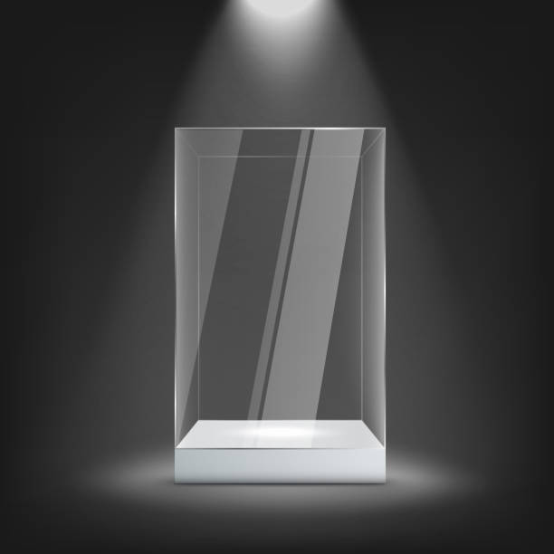 Big glass display case on white pedestal mockup, realistic vector illustration. Big glass empty display case standing on white pedestal on spotted wall background, realistic vector illustration. Exhibition or museum showcase mockup template. retail display stock illustrations