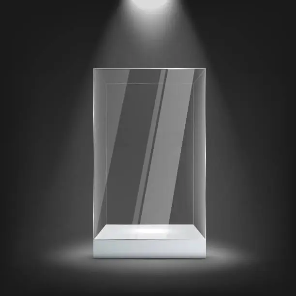 Vector illustration of Big glass display case on white pedestal mockup, realistic vector illustration.