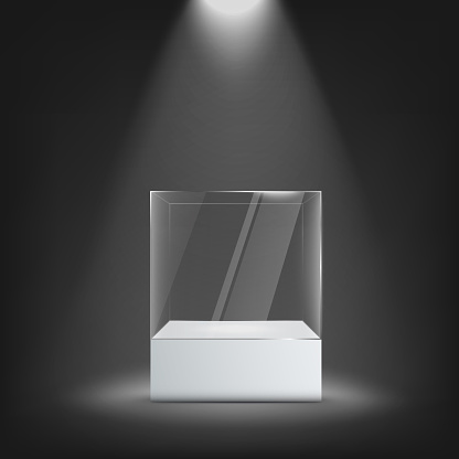 Glass sportlighted museum exhibition or store square showcase, realistic vector mockup illustration isolated on dark background. Transparent displaying case or box template.