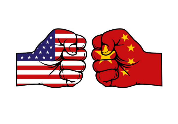 istock Trade war of China and USA, hands with flags 1205086077