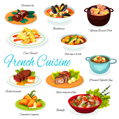Fench meat and vegetable dishes, desserts