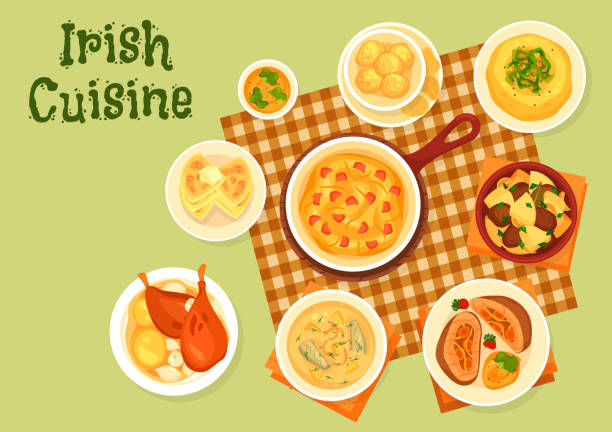 Irish dishes with fish, meat and vegetables Irish cuisine dishes, vector. Fish, meat and vegetables. Potato pancake farls and cookies, fish soup, beef roll and cabbage ham casserole, lamb stew and baked rabbit bunny pancake stock illustrations