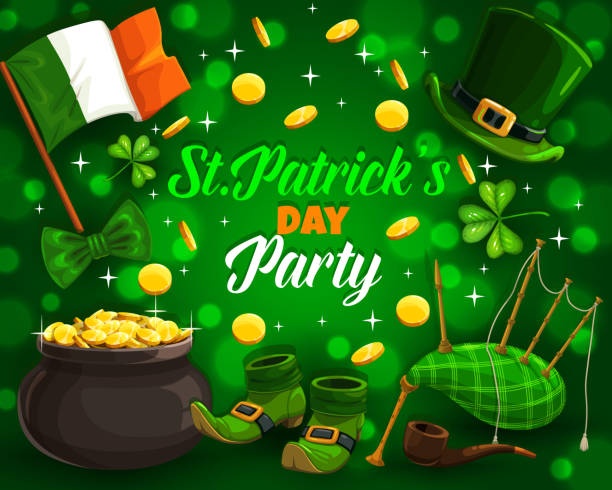 illustrazioni stock, clip art, cartoni animati e icone di tendenza di festa nazionale irlandese patricks day party articoli - new york rain
