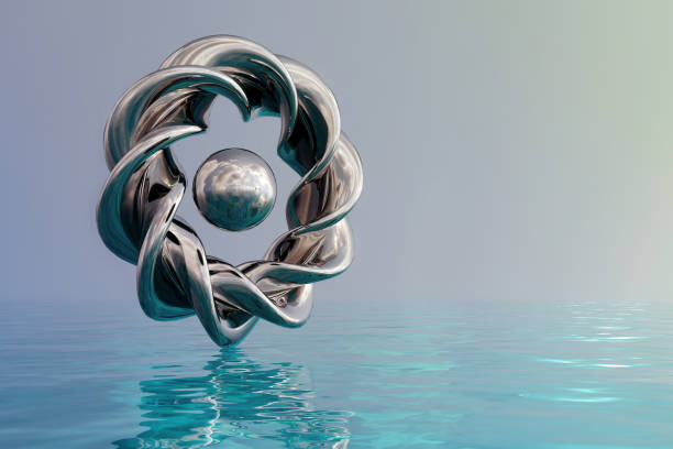 Abstract background planet ocean, space water world with chrome futuristic geometric shape object. Photorealistic 3D rendering.