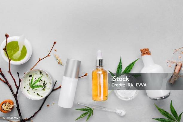 Cosmetics With Cannabis Cbd Oil On Light Background Concept Natural Skin Care Stock Photo - Download Image Now