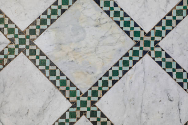 istock Geometric green tiles on marble floor 1205088398