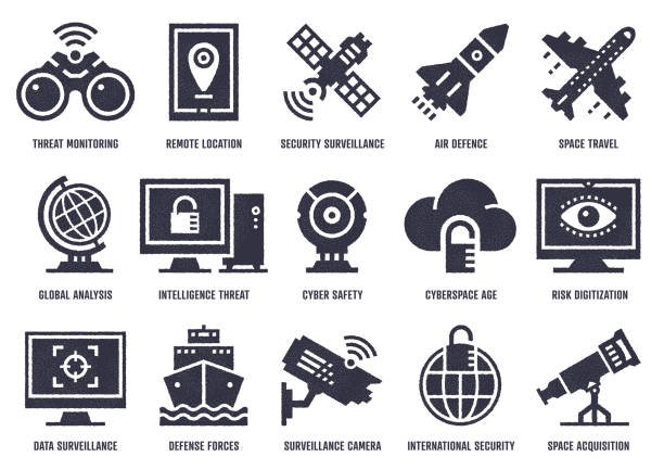 Cyber Warfare Vector Icon Pack With Stipple Texture Effect Vector icon set with stipple texture effect created by the influence of cyber warfare. High-quality graphic design illustrations for print designs, website symbols, apps, social media icons, and infographics. military symbol computer icon war stock illustrations