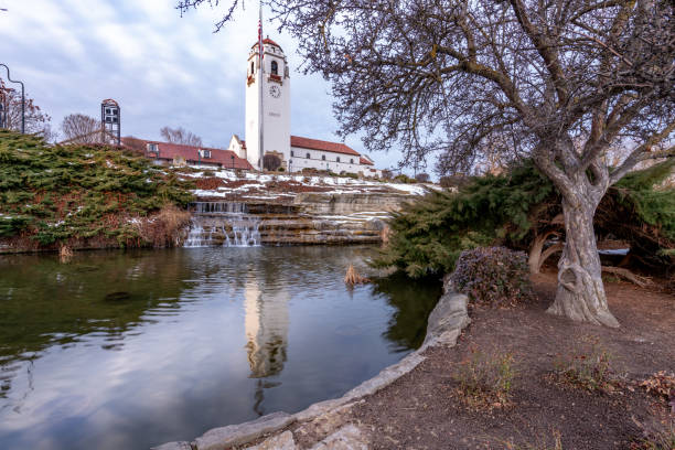 istock Boise train depot and reflection in a pond on a cloudy day 1205089008