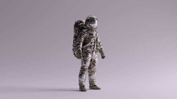 istock Astronaut Silver Spaceman Astronaut Cosmonaut With Light Grey Background with Neutral Diffused Side Lighting 3 Quarter View 1205089747