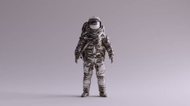 istock Astronaut Silver Spaceman Astronaut Cosmonaut With Light Grey Background with Neutral Diffused Side Lighting Front View 1205089777
