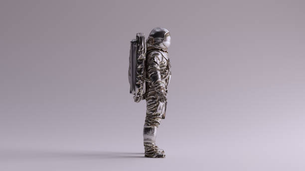 istock Astronaut Silver Spaceman Astronaut Cosmonaut With Light Grey Background with Neutral Diffused Side Lighting Side View 1205089826