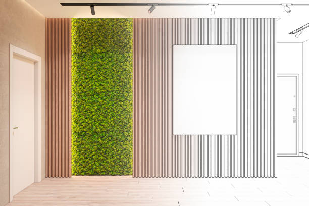 istock The sketch was transformed into a modern eco-style interior with a vertical poster on a wooden wall, backlit moss, spotlights on the ceiling, two doors and a wooden floor. Front view. 1205090352