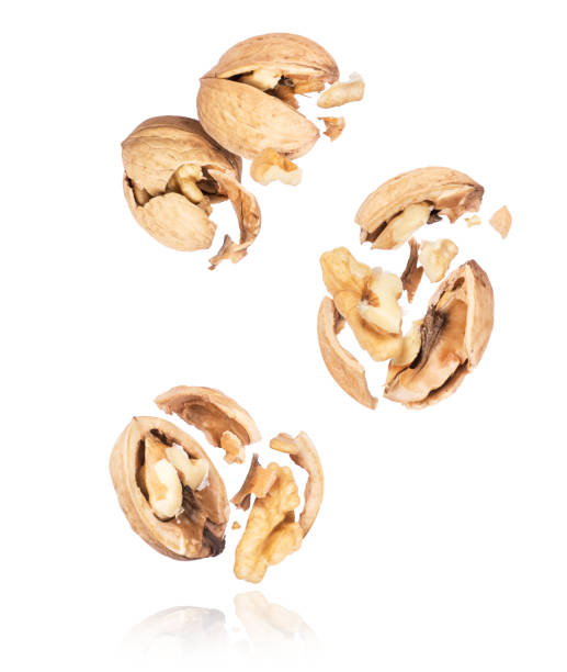 istock Group of crushed walnuts in the air close-up on a white background 1205091536