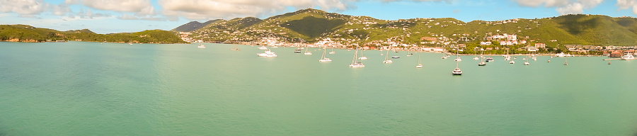Panorama of boats in harbor of Charlotte Amalie, St. Thomas, USVI.